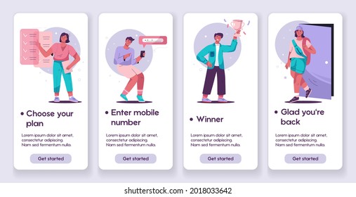 Template designs for mobile app pages concept. Woman chooses her plan. Man enters mobile number. Winner is holding cup. Glad you're back. Vector character illustration with people in different scenes