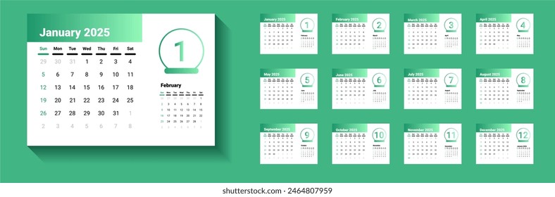 Plantilla de Desk calendar 2025 con gradiente verde como color principal. Calendario 2025 con el domingo como fin de semana y la semana comienza el domingo. Calendario 2025 con tamaño A5.