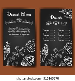 Template for dessert menu with sweet tasty cakes. Hand drawn design for poster, restaurant menu. Bakery sketch background