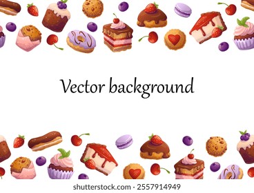 Template with desserts for flyer, baking party, birthday,  sweet food banner. Space for text. Vector illustration.