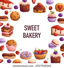 Template with desserts for flyer, baking party, birthday, sweet food banner, sale. Space for text. Vector illustration.