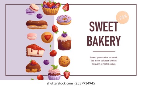 Template with desserts for flyer, sale, baking party, birthday,  sweet food banner. Space for text. Vector illustration.