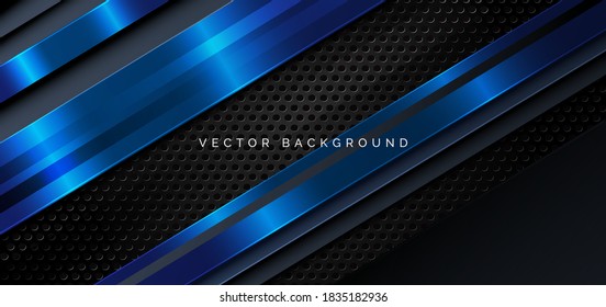 Planilla líneas diagonales en capas superpuestas azules y oscuras sobre fondo de metal negro. Puede usar para publicidad, afiche, plantilla, presentación comercial. Ilustración del vector