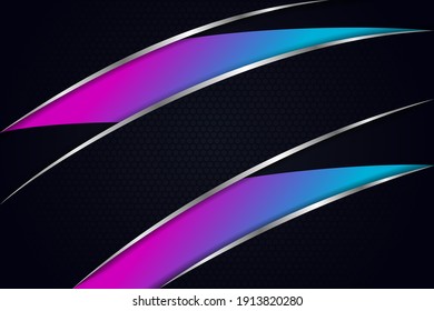 Template diagonal lines curve grey and dark overlapping layers on black metal background. hexagon pattern. combination gradient pink and blue. 