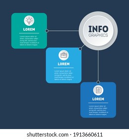 Template of diagram. 3-steps Infographic of technology or education process on dark background. Vector Business presentation or infographics concept with three options.