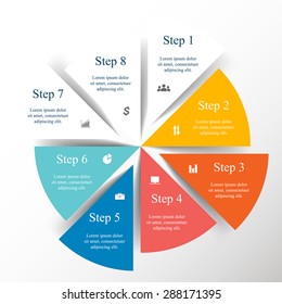 Template for diagram, graph, presentation and chart with 8 options, parts, steps or processes. Vector infographic 