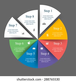 Template for diagram, graph, presentation and chart with 8 options, parts, steps or processes. Vector infographic 