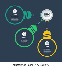 Template for diagram or presentation with icon set and stylized bulbs. Business concept with 3 options. Iinfographics of technology process. Scheme of the smart home.
