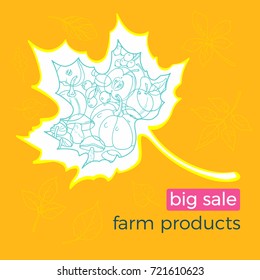 Template of different autumn farm products with vegetables and fruits on white background. Organic food. Vector collection. Sketch. Illustration isolated and grouped for easy editing eps.10