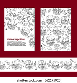 Plantilla con diferentes hamburguesas. Pincel de patrón horizontal sin inconvenientes. Para su diseño, anuncios, tarjetas, carteles, restaurante y menú de café.