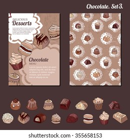 Template with different kinds of chocolate candies - milk,dark,white chocolate.   For your design, announcements, cards, posters, restaurant menu.