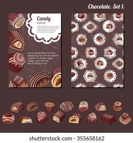 Template with different kinds of chocolate candies - milk,dark,white chocolate.   For your design, announcements, cards, posters, restaurant menu.