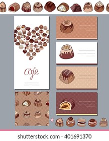 Template with different kinds of chocolate candies - milk,dark,white chocolate.   For your design, announcements, cards, posters, restaurant menu.
