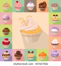 Template with different kinds of cupcakes.  For restaurant design, posters, announcements, cafe menu etc.