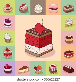 Plantilla con diferentes tipos de postres deliciosos. Sabores variados. Para el diseño de restaurantes, afiches, anuncios, menú de café, etc.