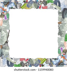 Template with different kinds of garbage and bags. The concept of ecology and World Cleanup Day.