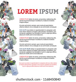 Template with different kinds of garbage and bags. The concept of ecology and the World Cleanup Day.