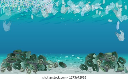 Template with different kinds of garbage, bags, wastes, plastic straws and  plastic utensils in the ocean or sea. The concept of ecology and World Cleanup Day.