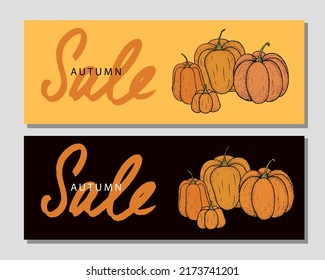 Template with different pumpkins for banner. Autumn sale lettering.