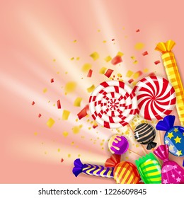 Template different sweets colorful background. Set lollipops, candies dragee, peppermint, macarons, chocolate, caramel on light rays shine, colour confetti background. Vector, isolated, illustration
