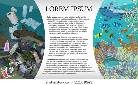 Template with different types of garbage and waste to the ocean. Ecology concept.