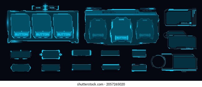 Template of digital frames, buttons. Sci-Fi HUD Futuristic design of game GUI elements with square frames. Blue footnotes  for shop and daily reward. isolated on black background