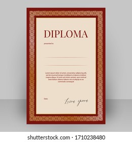 Template for diploma, award certificate or gift. Red, burgundy with golden Tatar ornaments and patterns, frame and sample text