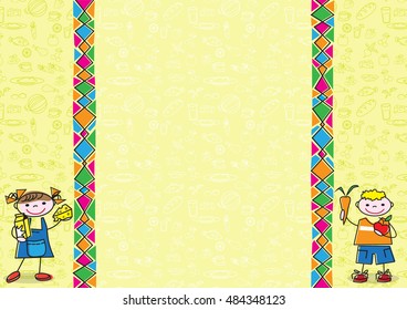 Template for diploma, certificate, card with cartoon kids holding food. Doodle background with healthy food products. A4 size.