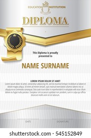 Template of Diploma with golden badge and silver elements