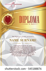 Template of Diploma with golden badge and triangular background, in gold