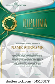 Template of Diploma with golden badge and triangular background, in green