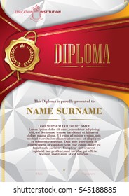 Template of Diploma with golden badge and triangular background, in red