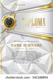 Template of Diploma with golden badge and triangular background, in silver