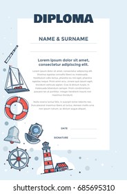 Template of diploma for pre-school and elementary school children. Colorful marine objects: lighthouse, yacht, diver helmet, telescope. Vector illustration.