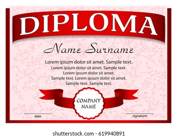 Template diploma with red ribbon. Vector illustration.