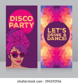 template for disco party with beautiful african american girl, vector illustration