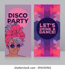 template for disco party with beautiful african american girl, vector illustration