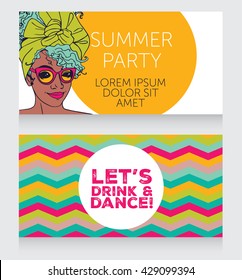 template for disco party with beautiful african american girl, vector illustration