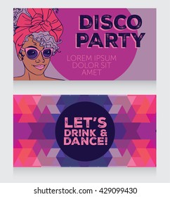 template for disco party with beautiful african american girl, vector illustration