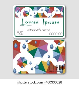 Template of discount card with colorful umbrellas and rain drops in flat style. Trendy autumn 2016 colors. Vector illustration