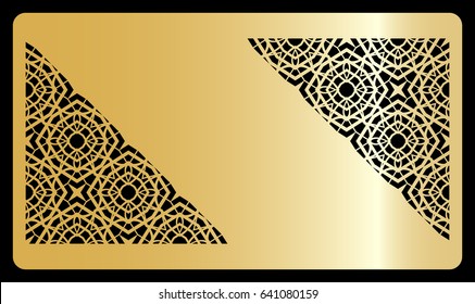 template for discount card, with cut out geometrical pattern vector illustration. gold design