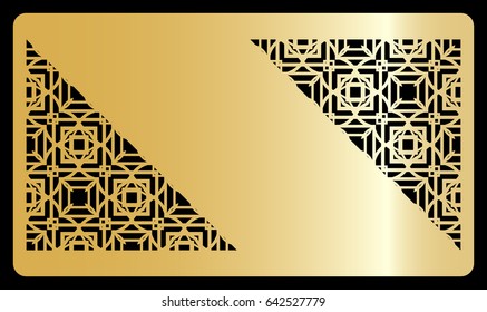 template for discount card, with cut out geometrical pattern vector illustration. gold design