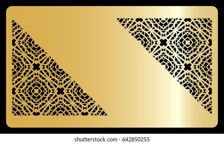template for discount card, with cut out geometrical pattern vector illustration. gold design