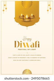 Plantilla de diseño de póster del festival de Diwali con lámpara, luces y fondo de flores.