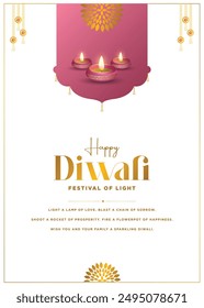 Plantilla de diseño de póster del festival de Diwali con lámpara, luces y fondo de flores.