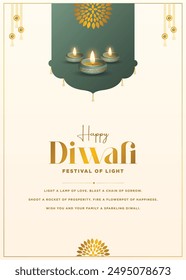 Template of Diwali festival poster design with Lamp, lights and flowers background.