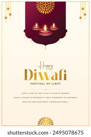 Plantilla de diseño de póster del festival de Diwali con lámpara, luces y fondo de flores.