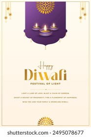 Plantilla de diseño de póster del festival de Diwali con lámpara, luces y fondo de flores.