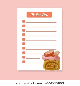 template to do list with brownies cake, cream and sliced ​​grapes watercolor illustration
