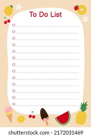 Template for To Do List with cute  summer objects. Colorful ice cream, fruit and berries. Vector illustration